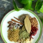 Colorful assortment of spices displayed on a plate with green leaf background.
